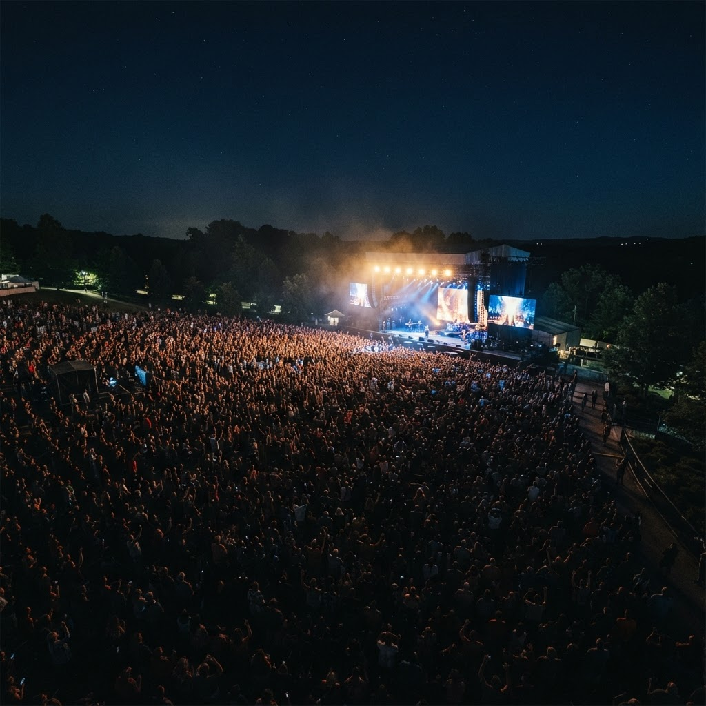 Aerial view of a vast worship concert crowd at night